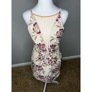 Floral Lace V-Neck Mini Dress in Cream and Burgundy